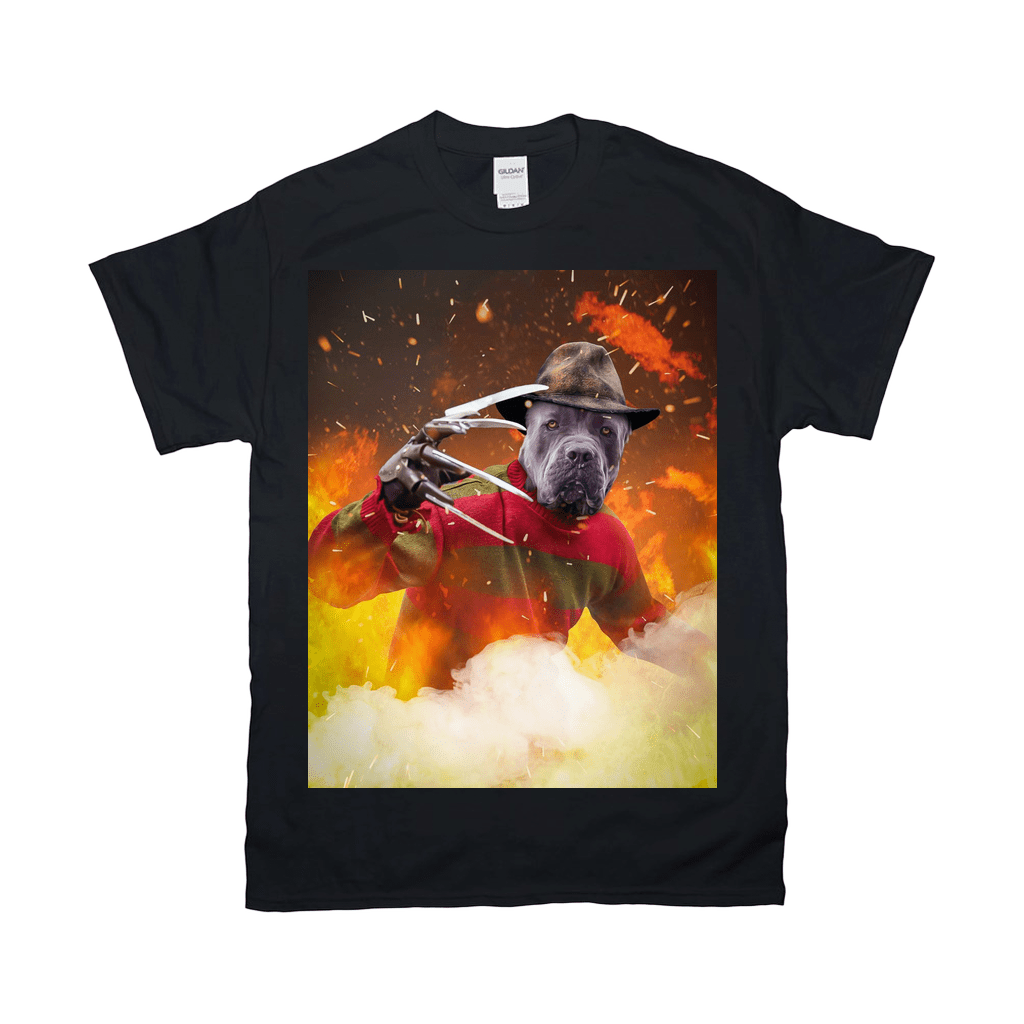 Black Gildan t-shirt featuring a dog dressed as Freddy Krueger with claws, hat, and striped sweater, against a fiery background.