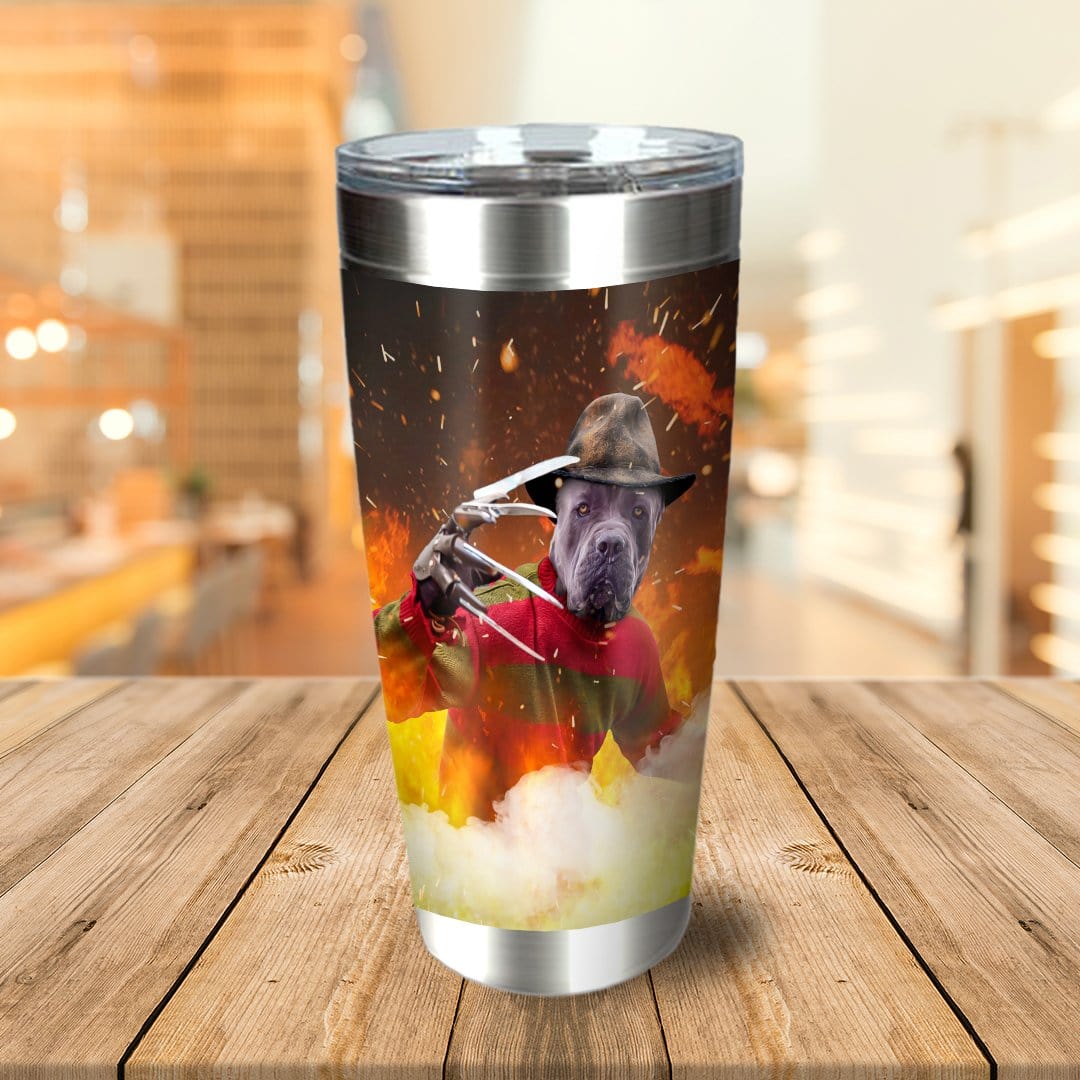 Personalized stainless steel tumbler with a dog in a Freddy Krueger costume, surrounded by fire and smoke.