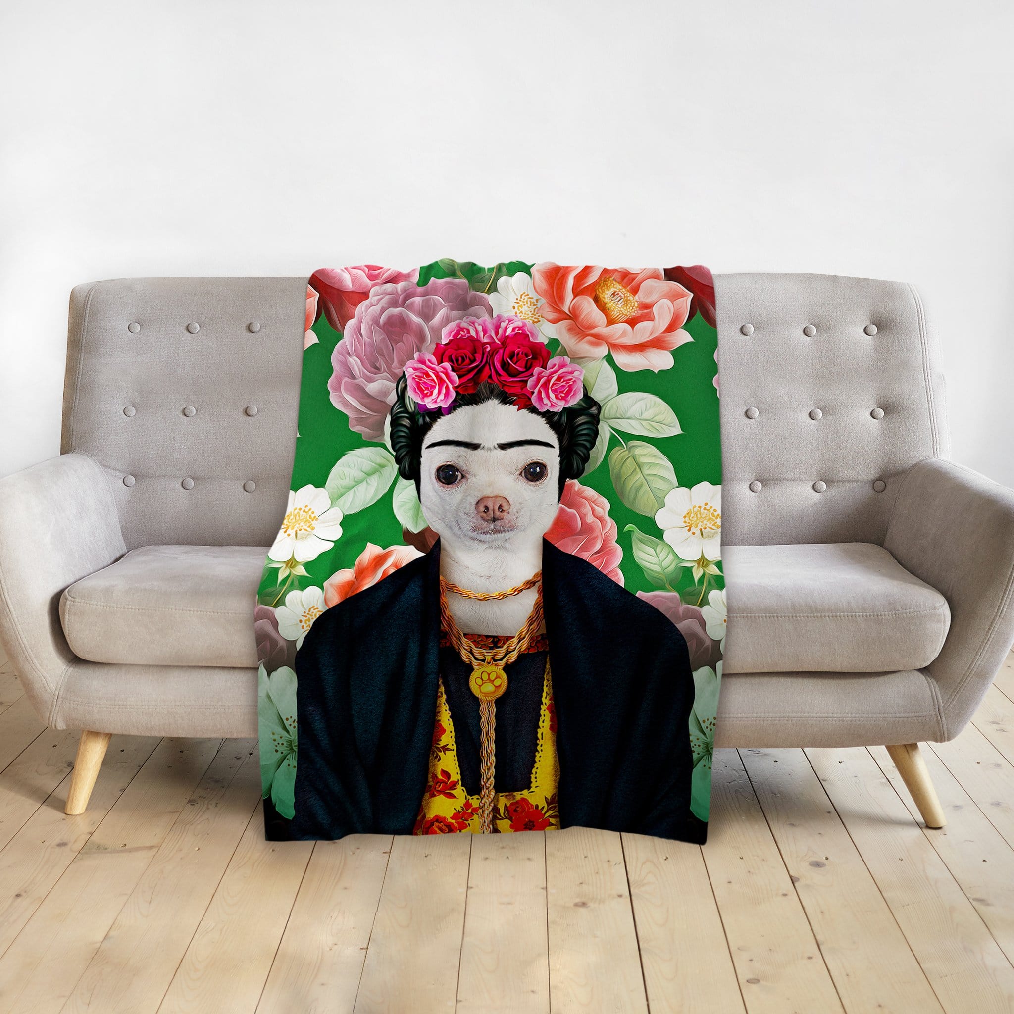 Personalized pet blanket featuring a dog's face in a Frida Kahlo-style portrait with a floral background.