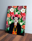 Custom 'Frida Doggo' personalized pet canvas featuring a chihuahua in a floral Frida Kahlo style.