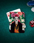 Personalized Frida Doggo playing card featuring a custom pet portrait on a green felt table.