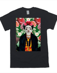 Black Gildan unisex t-shirt with a personalized "Frida Doggo" pet portrait design featuring a dog in a floral background.