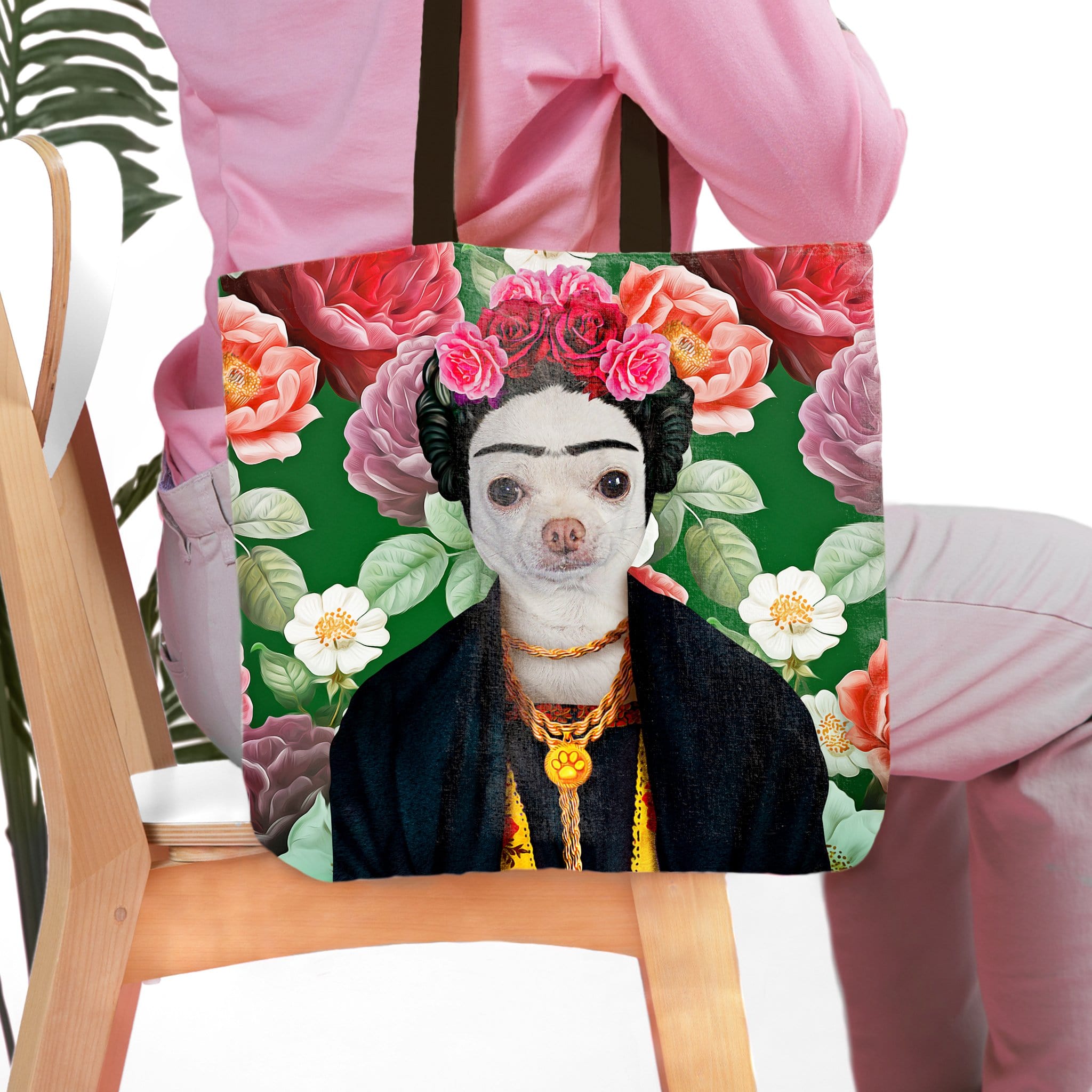 Personalized Frida Doggo tote bag with a custom pet portrait in a floral frame.