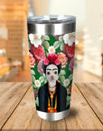 Personalized stainless steel tumbler with a custom Frida Kahlo-style dog portrait and floral background.