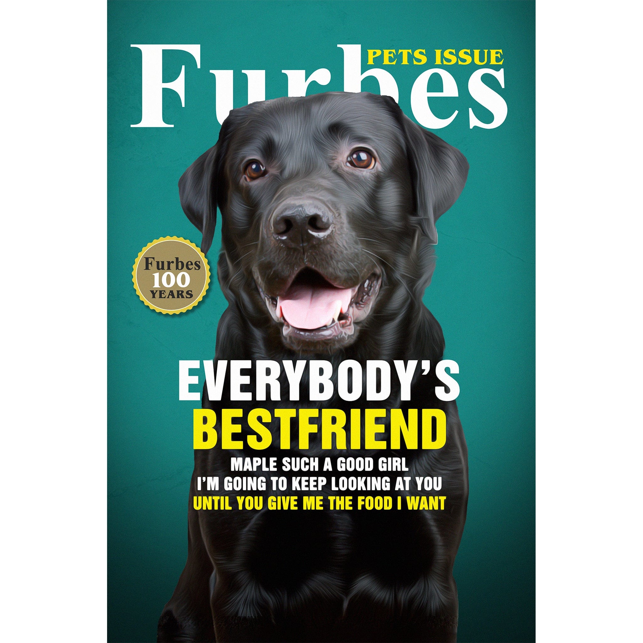 Personalized Furbes magazine cover digital portrait of a black Labrador dog.
