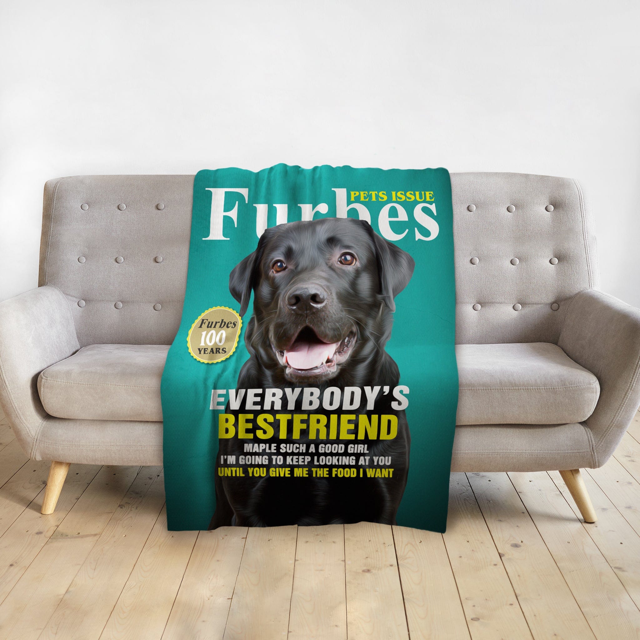 Personalized pet blanket featuring a black Labrador on a turquoise Furbes magazine cover design.