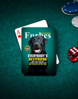 Custom 'Furbes' playing cards featuring a black Labrador dog portrait on a green felt table with poker chips and dice.