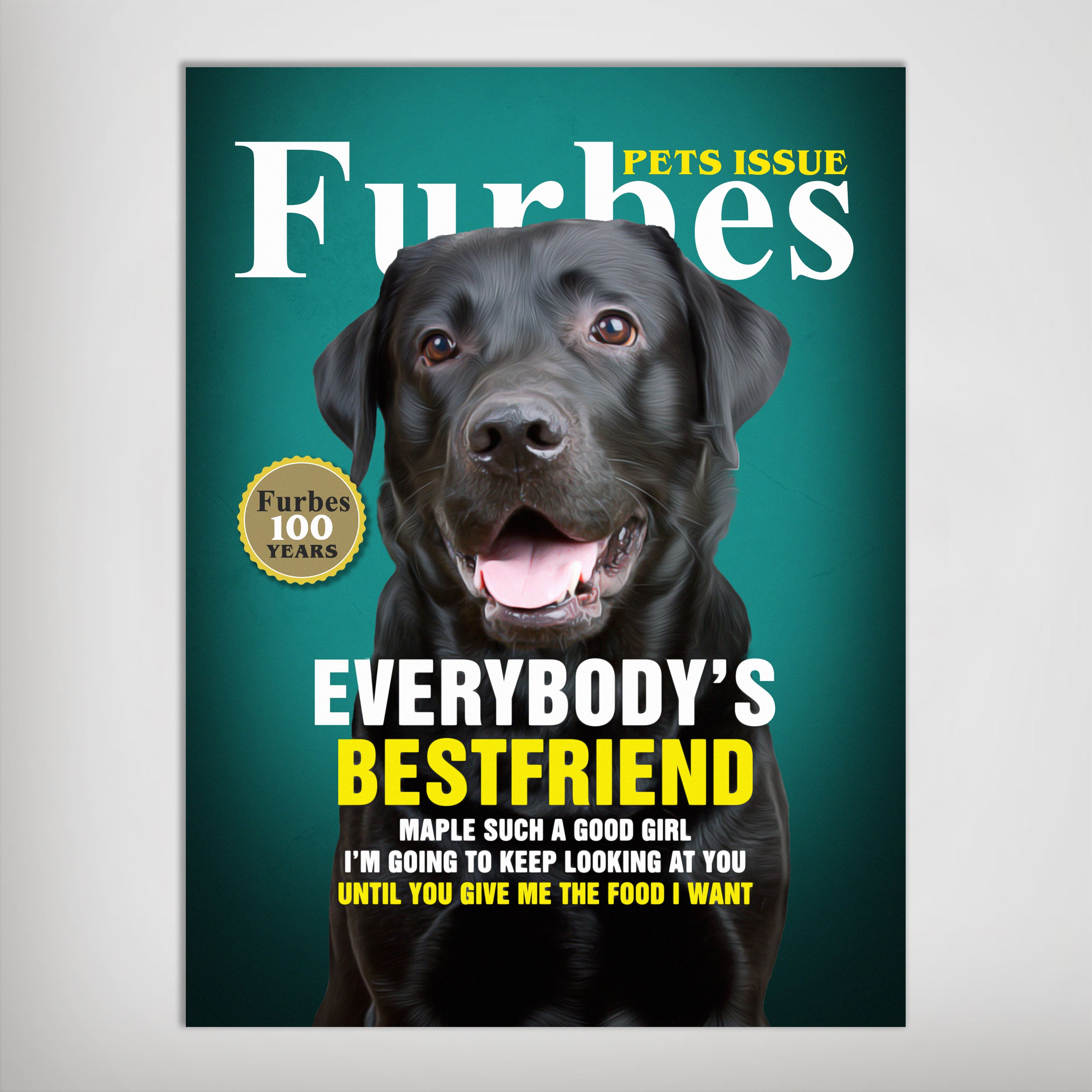 Personalized 'Furbes' pet poster featuring a happy black Labrador on a teal background, like a magazine cover.