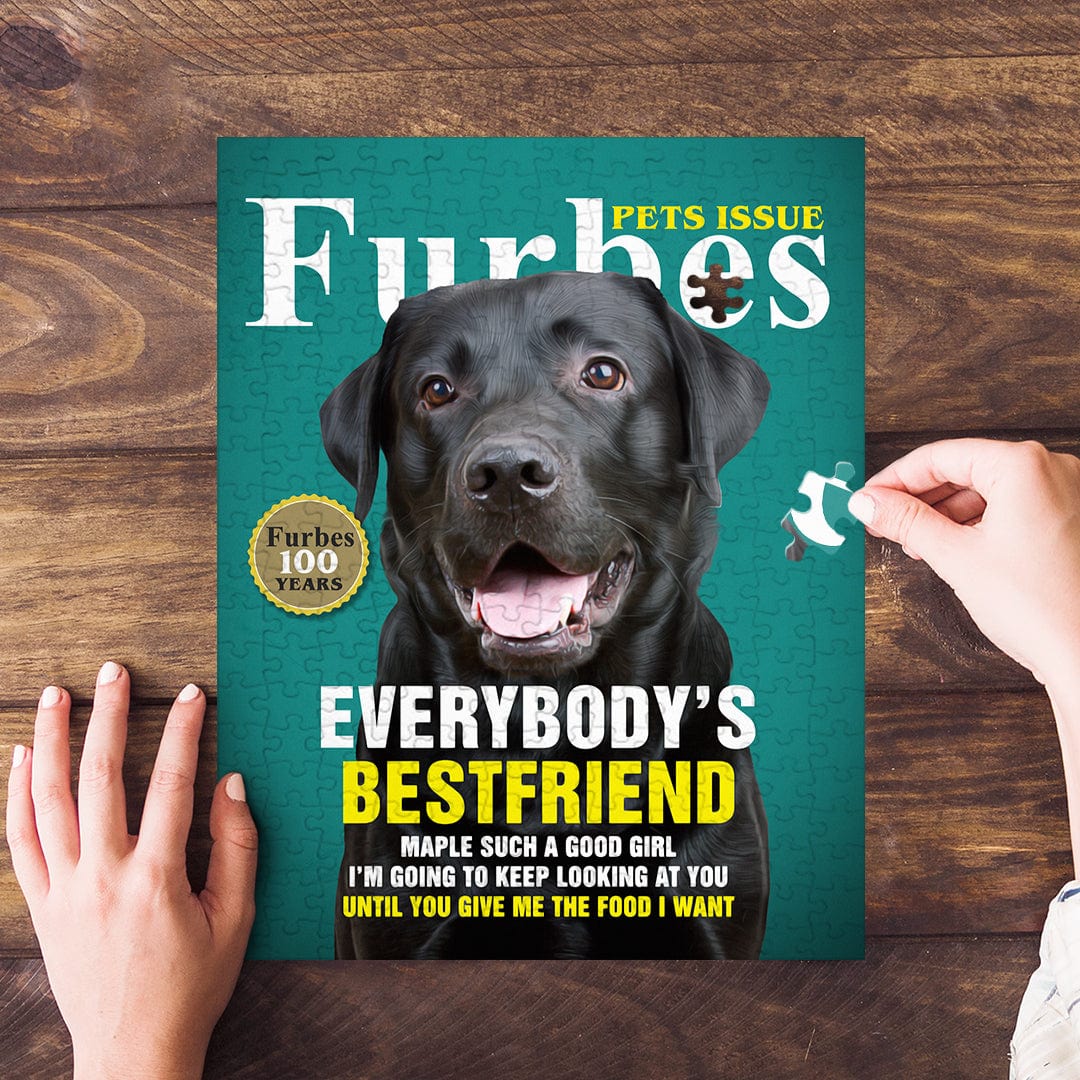 Personalized 'Furbes' pet puzzle featuring a black lab on a teal magazine cover design.
