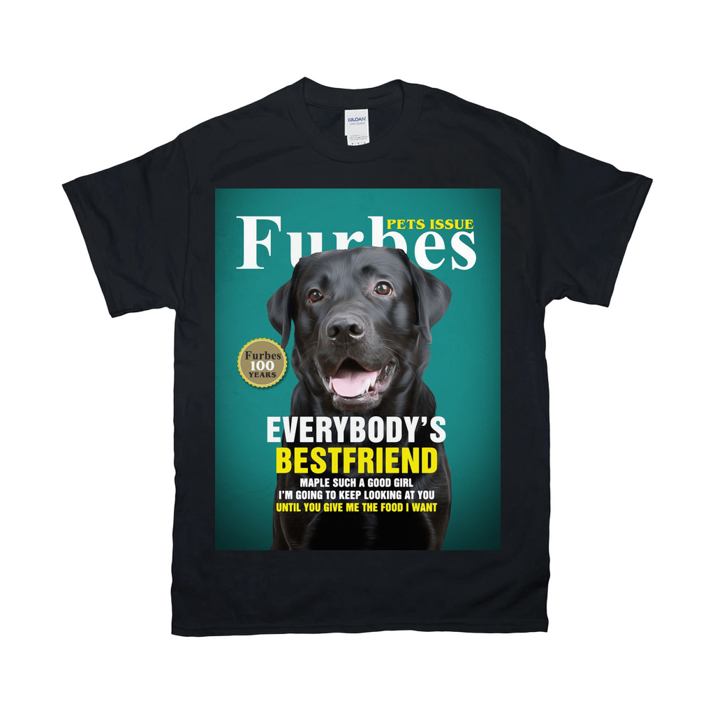 Black Gildan t-shirt featuring a personalized "Furbes" magazine cover with a black Labrador.