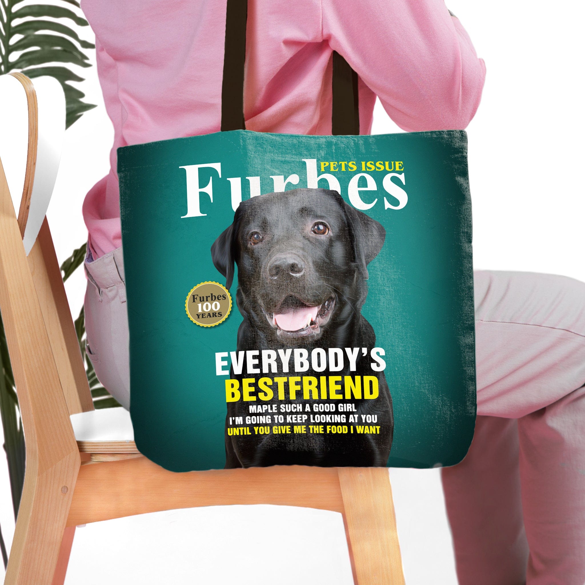 Personalized 'Furbes' tote bag with a custom black Labrador dog portrait in a magazine cover style.
