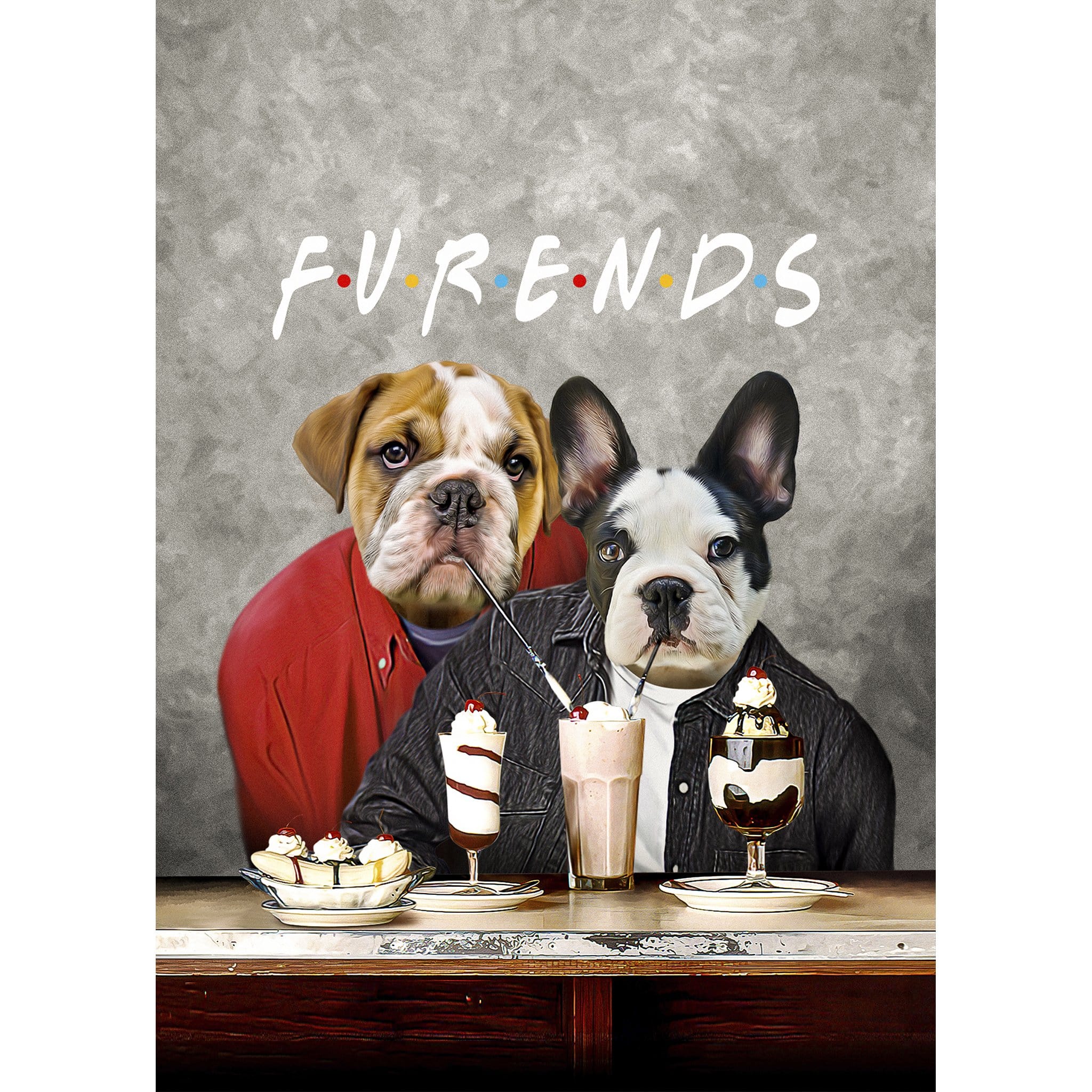 Custom digital portrait of two dogs, a bulldog and a French bulldog, dressed as "Furends" characters.