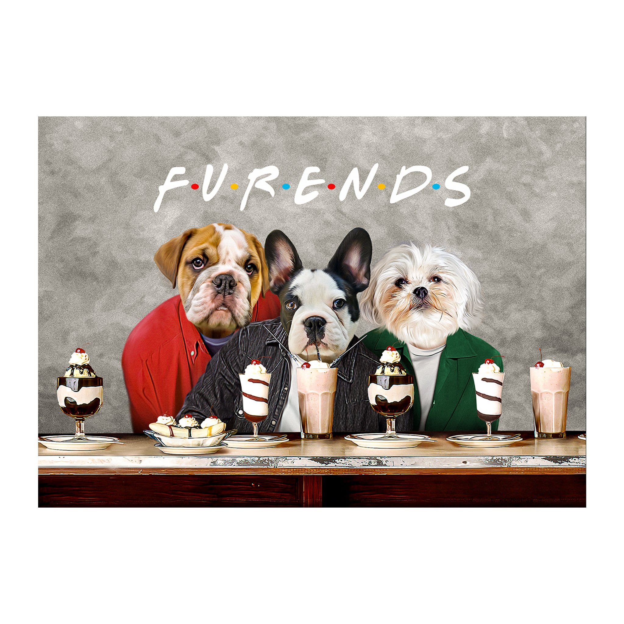 Custom digital portrait of three pets as "Furends" characters, a bulldog, French bulldog, and Shih Tzu.