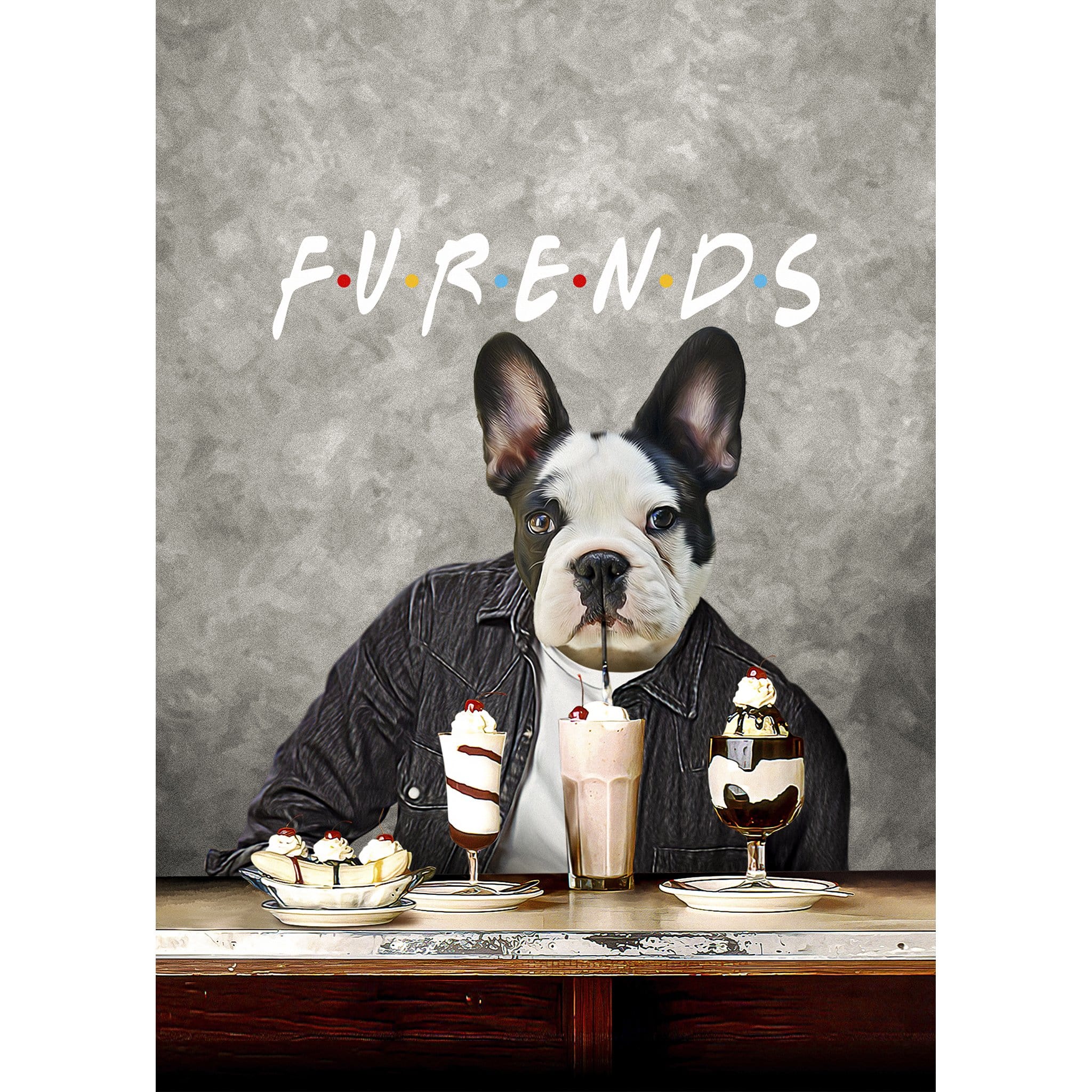 Custom digital portrait of a French Bulldog in a black jacket, drinking a milkshake, with "FURENDS" text.