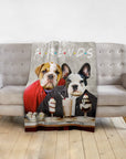 Personalized 'Furends' blanket with two custom pet portraits in a cafe scene.