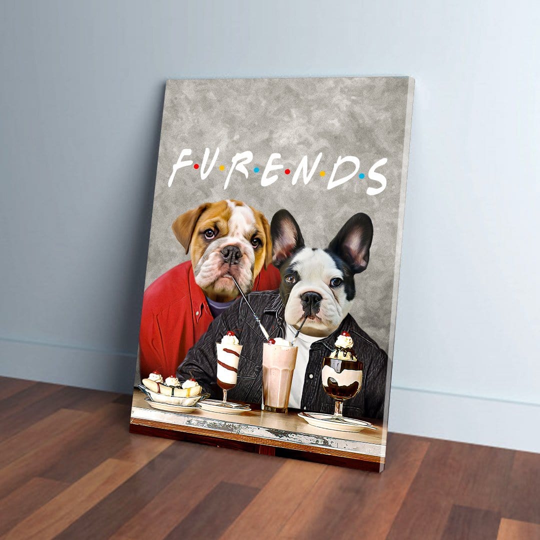 Personalized 'Furends' canvas featuring a bulldog and French bulldog enjoying desserts at a cafe.