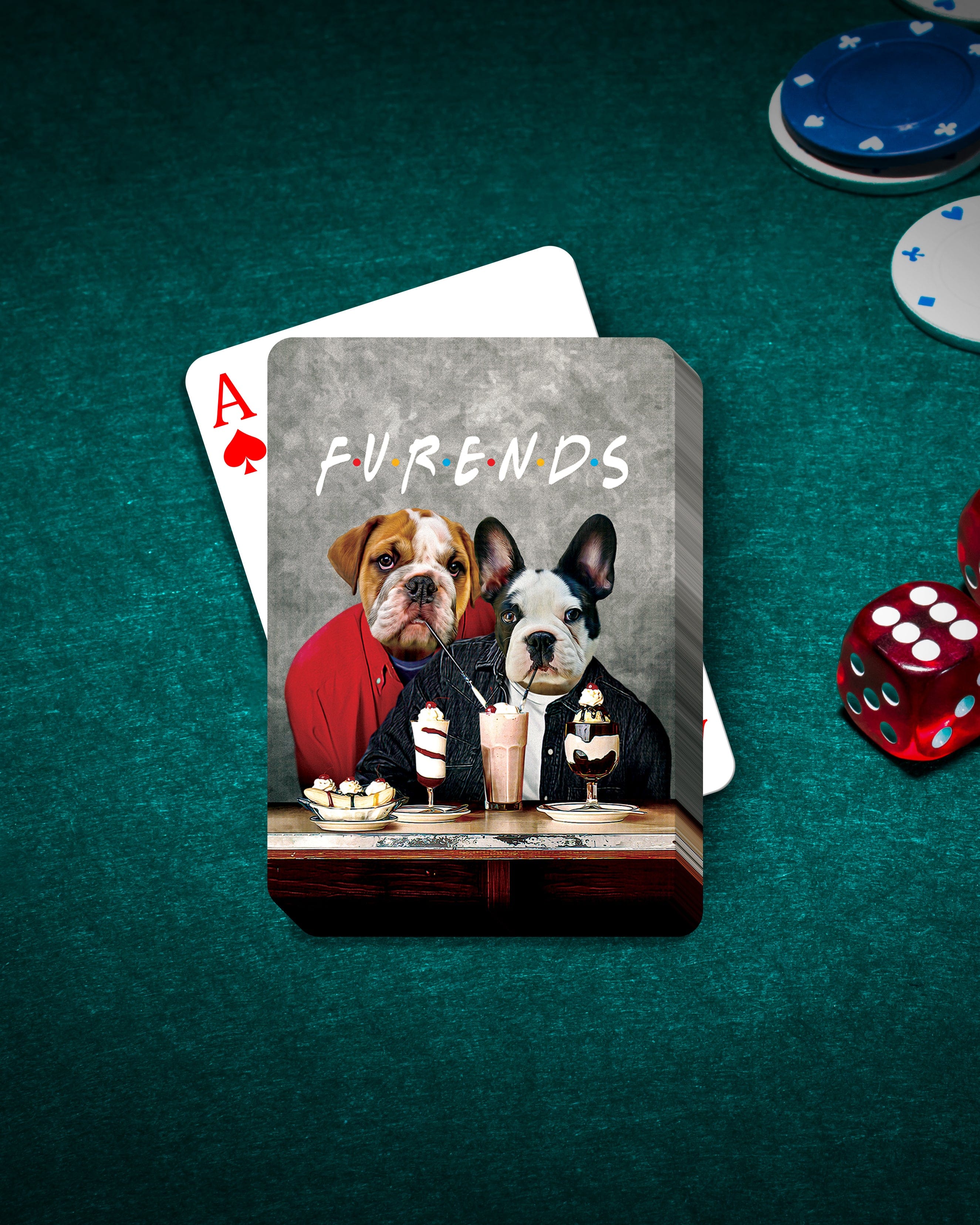 Personalized playing cards featuring two custom pet portraits in a cartoon style, on a green felt table with poker chips and dice.