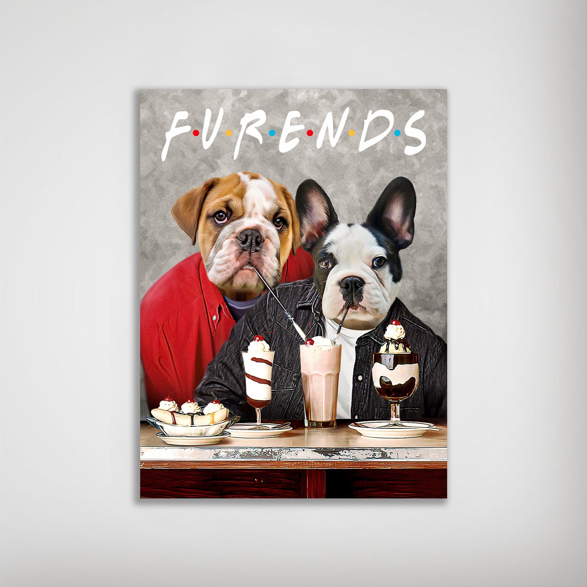 Personalized Furends poster featuring two pets, a bulldog and a French bulldog, enjoying milkshakes at a diner.