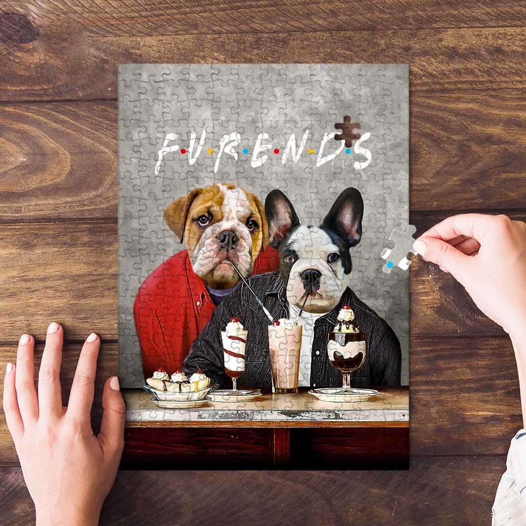 Personalized 2 pet puzzle with bulldog and French bulldog in "Furends" style, being assembled on a wood table.