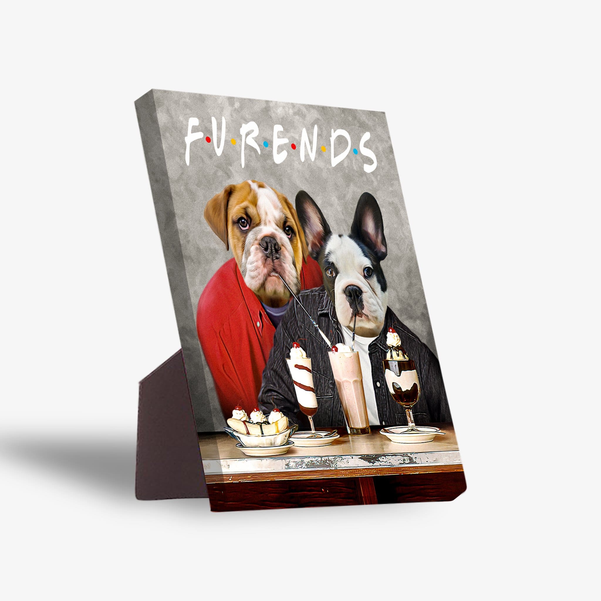 Personalized 'Furends' standing canvas featuring two pets, an English bulldog and a French bulldog, enjoying milkshakes.
