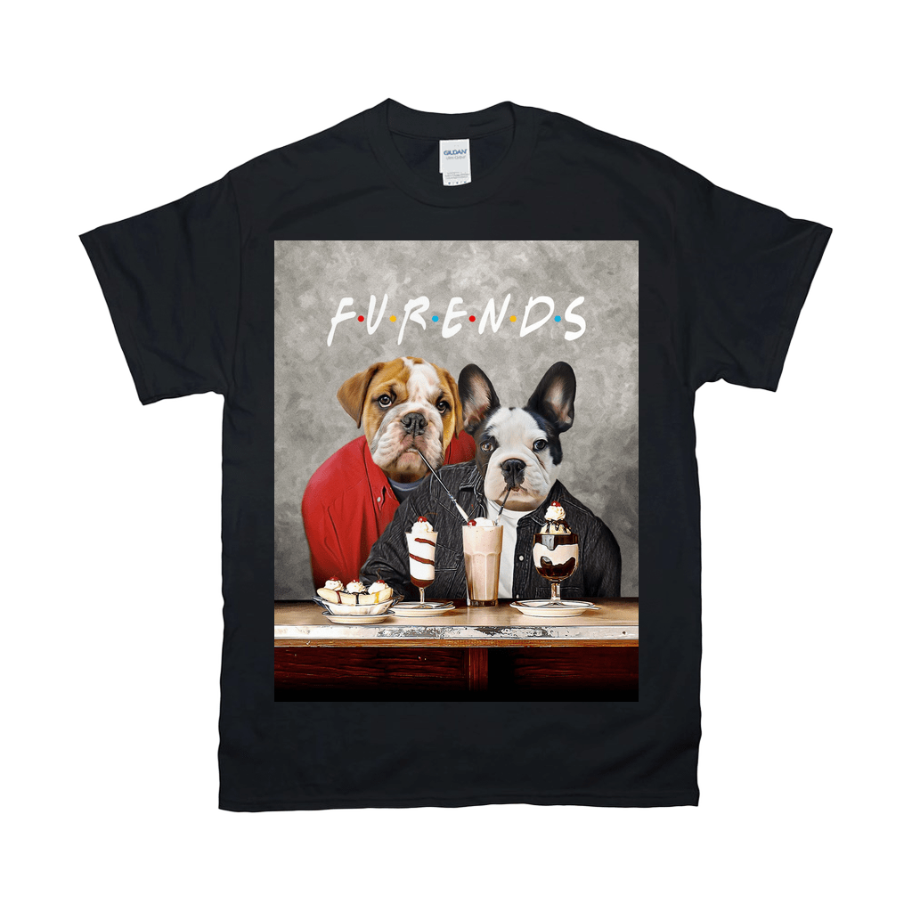 Black Gildan unisex t-shirt featuring two personalized pets, a bulldog and a French bulldog, at a cafe.