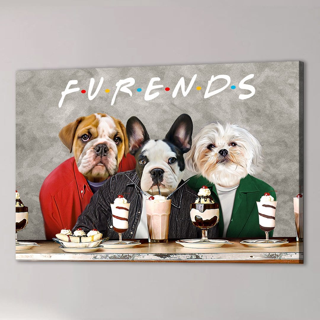 Custom Furends 3-pet canvas featuring a bulldog, French bulldog, and Shih Tzu in human clothes with desserts.