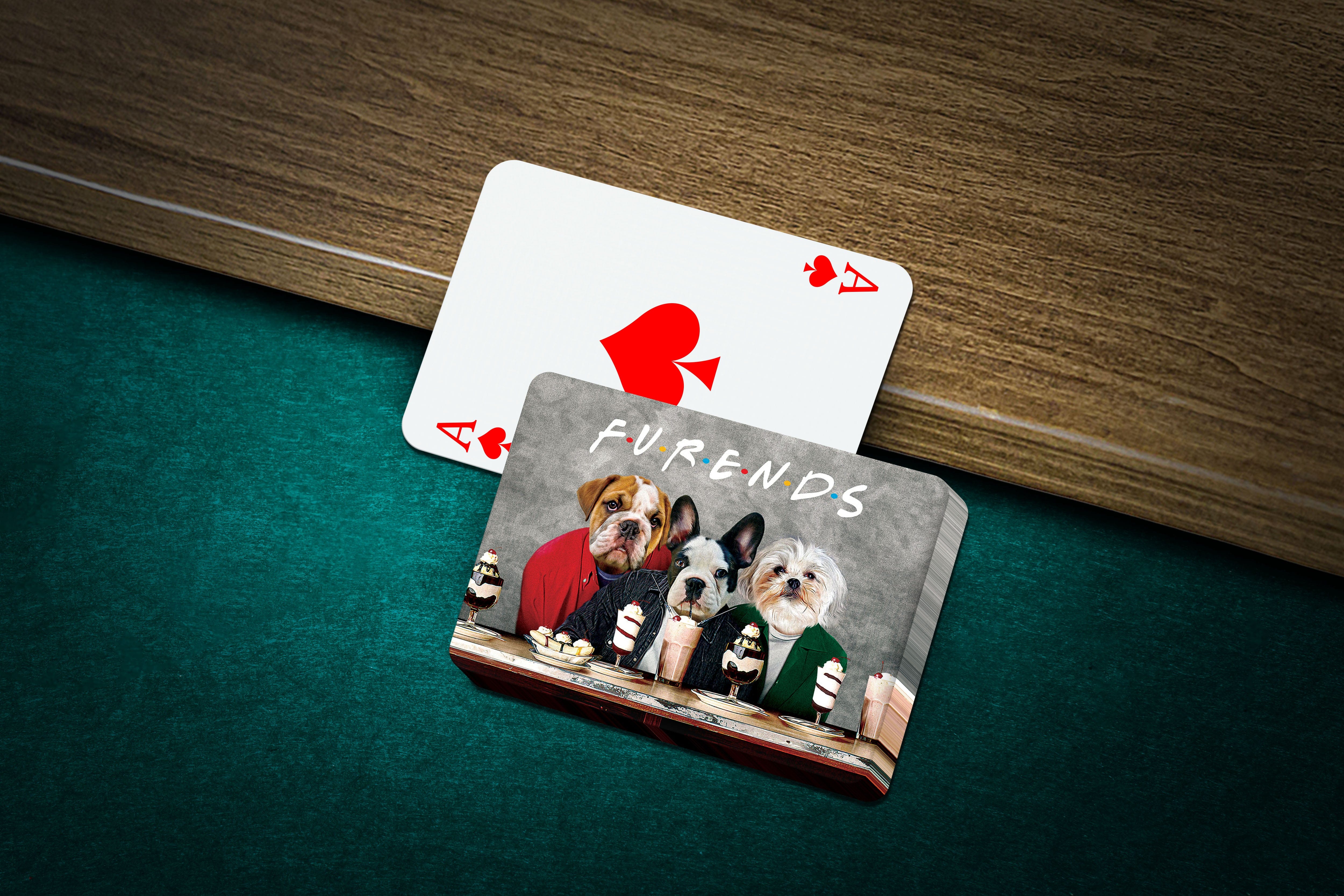 Personalized Furends playing cards featuring three custom pet portraits in a cartoon style.