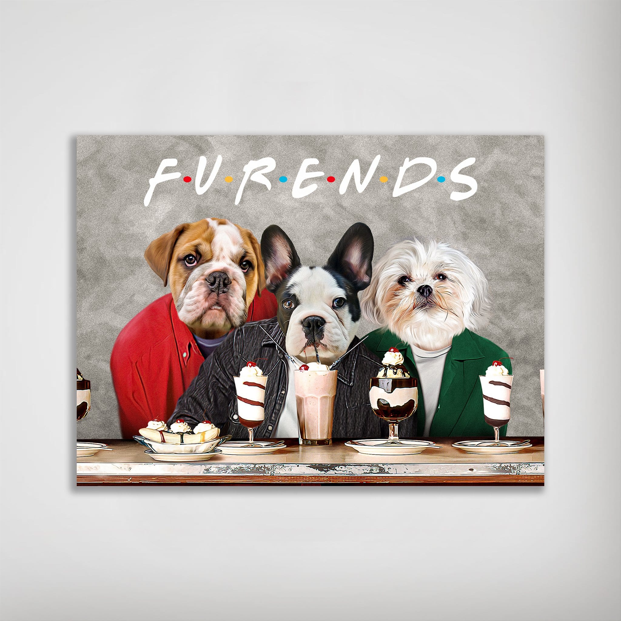 Personalized "Furends" poster featuring three pets (bulldog, French bulldog, Shih Tzu) at a cafe with milkshakes.