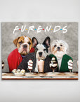 Personalized "Furends" poster featuring three pets (bulldog, French bulldog, Shih Tzu) at a cafe with milkshakes.