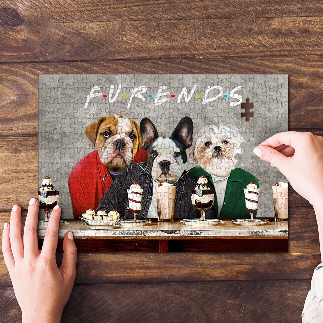 Personalized Furends puzzle featuring three custom pet portraits of a bulldog, French bulldog, and Shih Tzu.