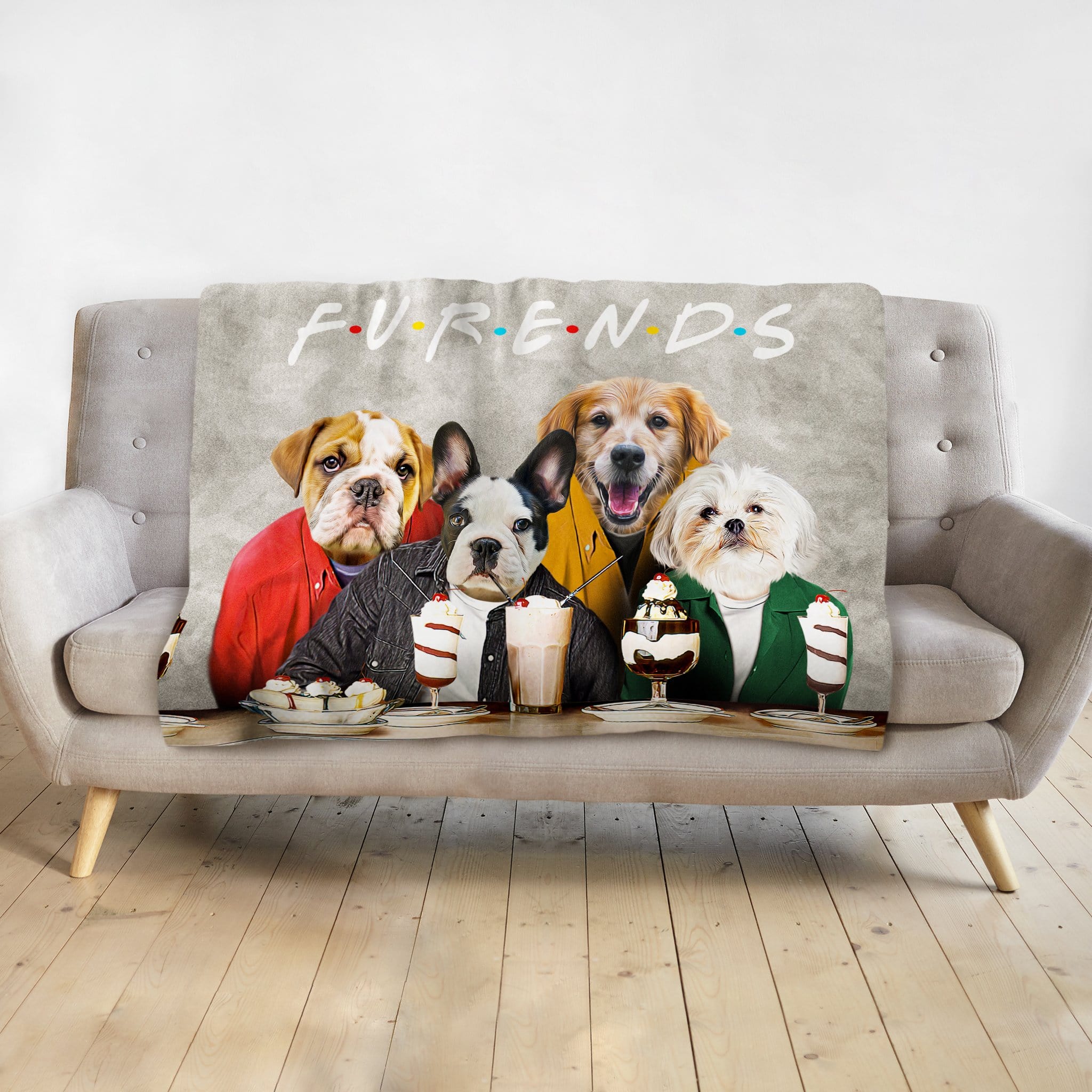 Personalized 'Furends' blanket with four dogs in Doggovinci portraits, sitting at a cafe table.