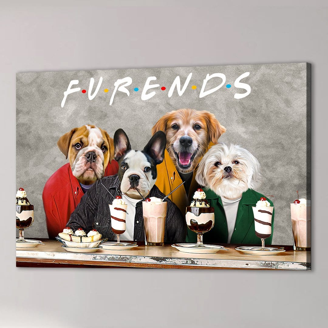 Personalized 4-pet canvas featuring dogs dressed as "Furends" characters, with milkshakes and desserts.