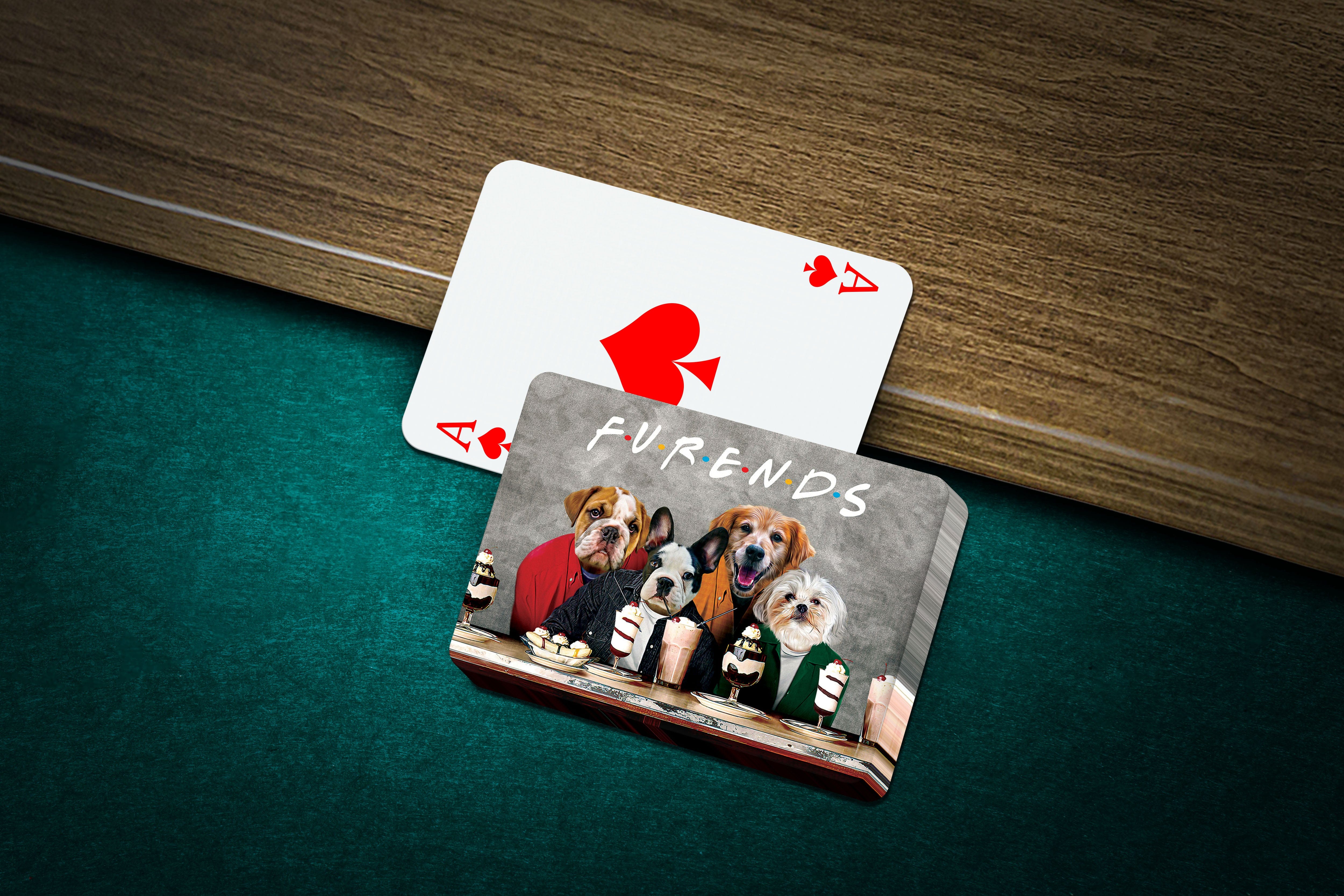 Personalized playing cards featuring a custom cartoon portrait of four pets in a "Furends" design.