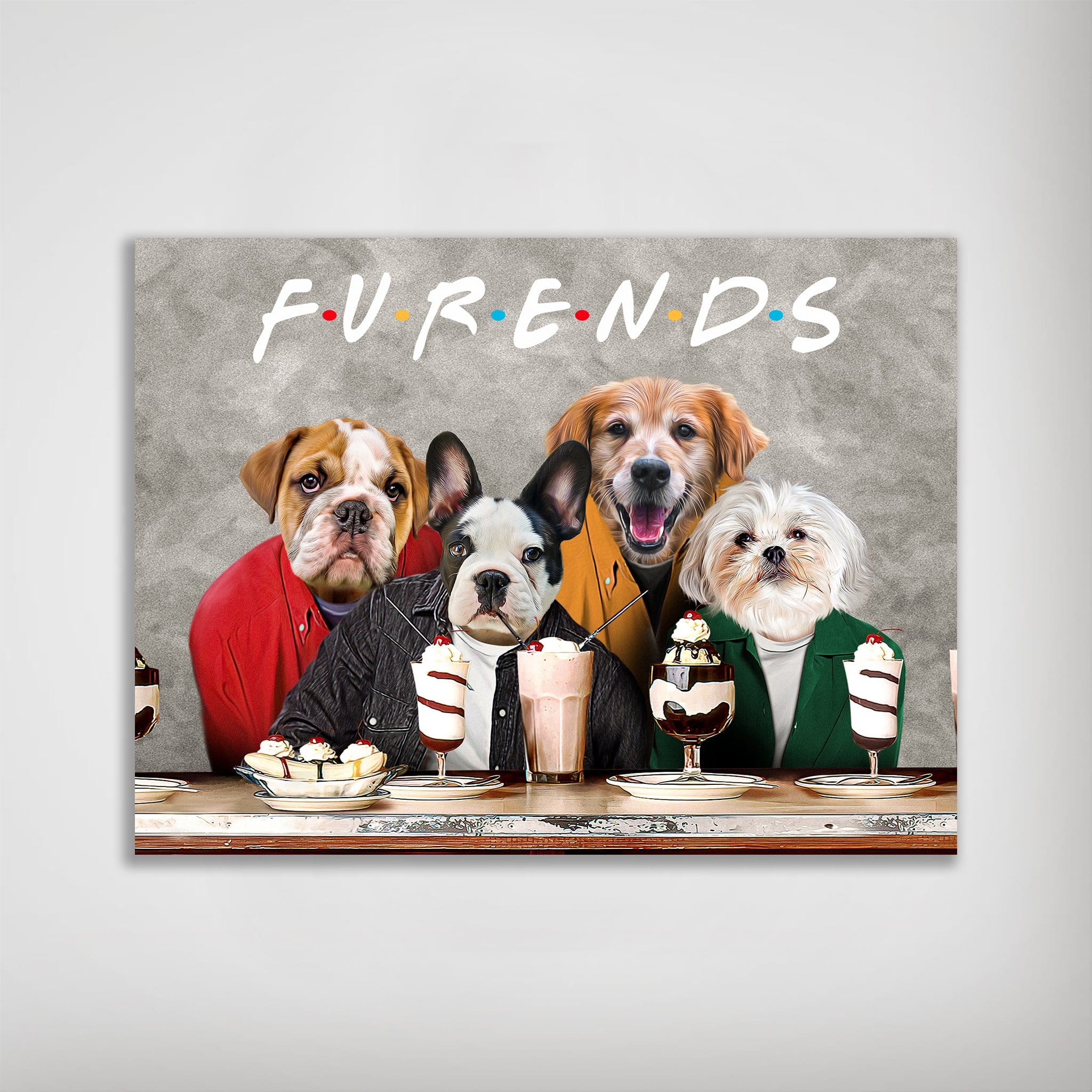 Furends personalized poster featuring four pets as characters from a TV show, sitting at a diner table with milkshakes.