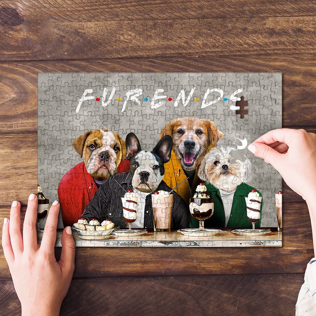 Personalized Furends puzzle featuring four custom pet portraits of dogs at a cafe, with a hand placing a piece.