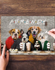 Personalized Furends puzzle featuring four custom pet portraits of dogs at a cafe, with a hand placing a piece.