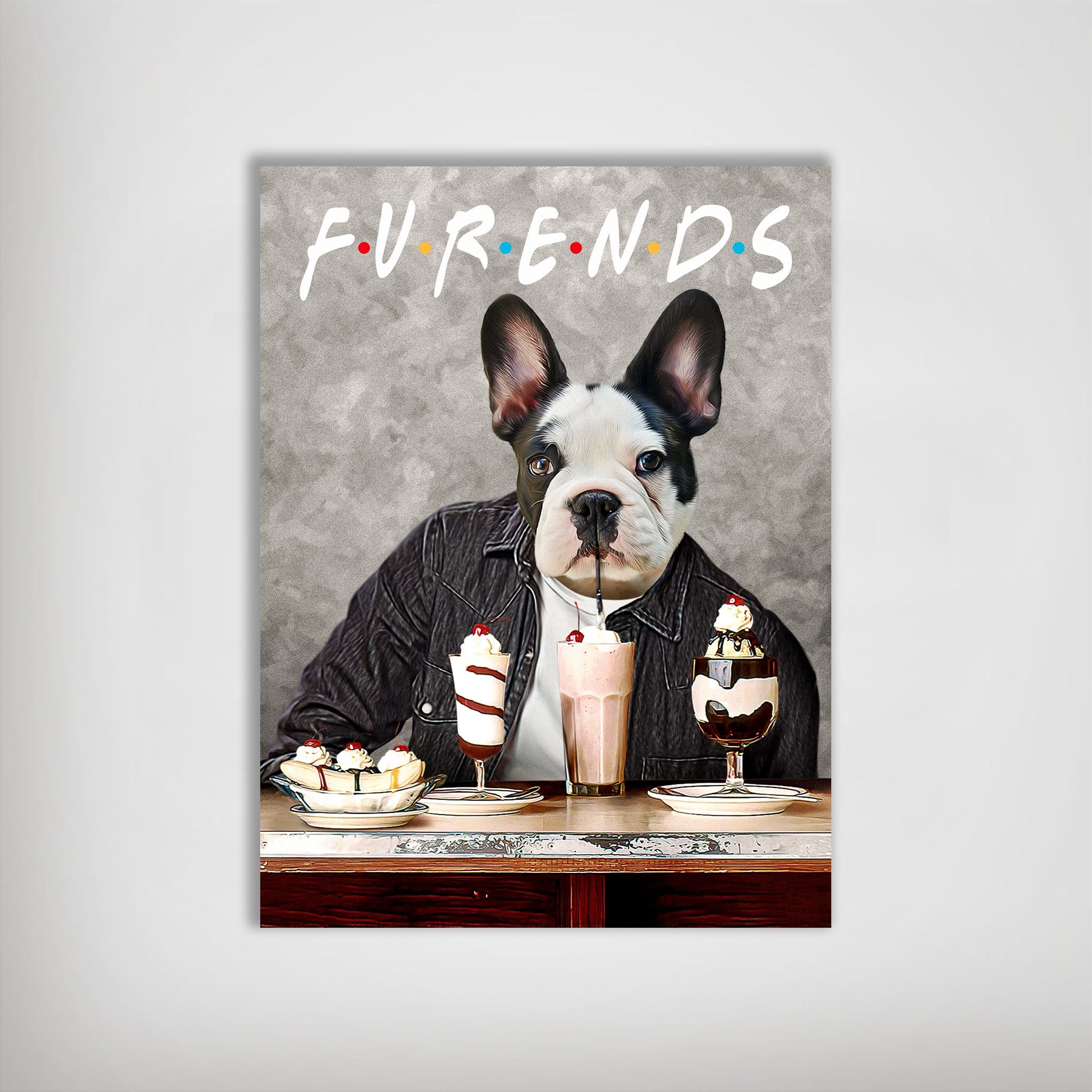 Personalized 'Furends' dog poster featuring a French Bulldog in a jacket with desserts, matte finish.