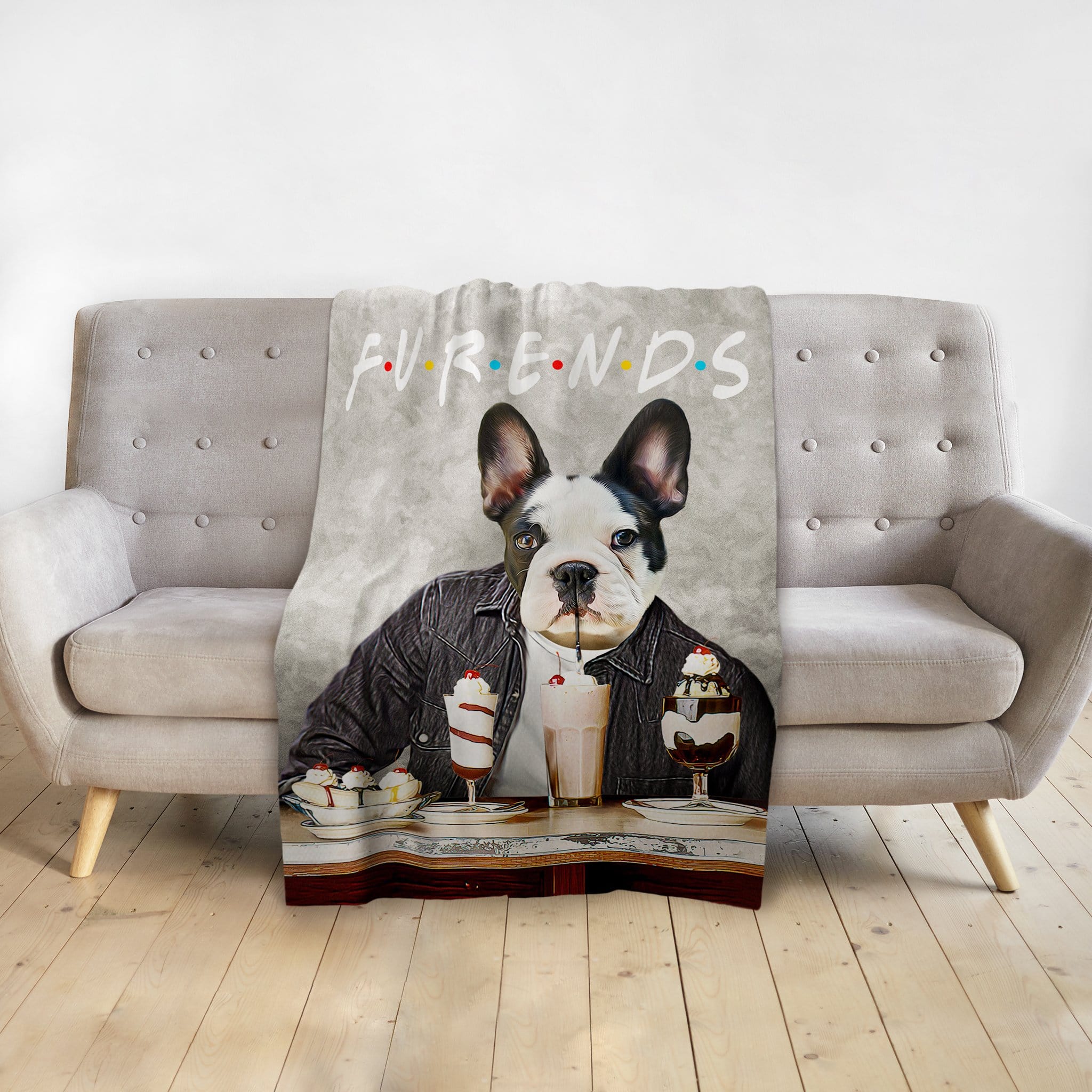 Personalized pet blanket with a French Bulldog in a leather jacket, eating dessert, with "Furends" text.