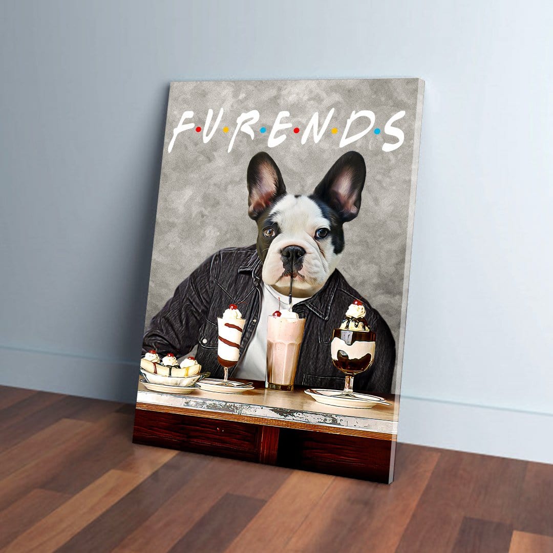 Personalized 'Furends' pet canvas featuring a French Bulldog in a black jacket with milkshakes.
