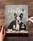 Personalized pet puzzle featuring a French bulldog in a "Furends" style, with a hand placing a piece.