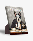 Personalized pet standing canvas featuring a Boston Terrier in a black jacket at a diner with desserts, "Furends" text.