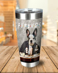 Personalized stainless steel tumbler with a custom cartoon portrait of a French Bulldog in a jacket, sitting at a cafe.