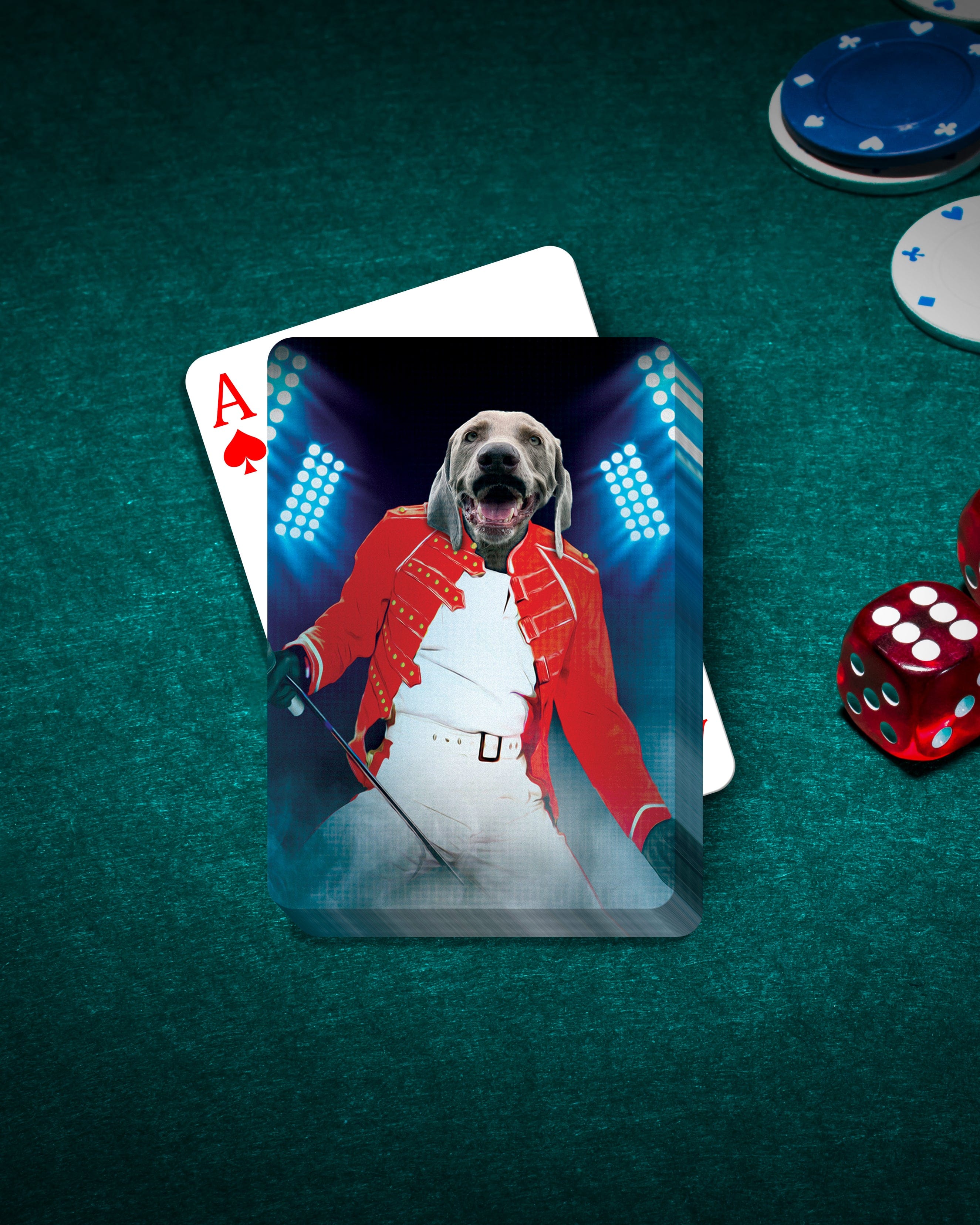 Custom personalized playing card featuring a dog in a red Mercury-style jacket on a green felt table.