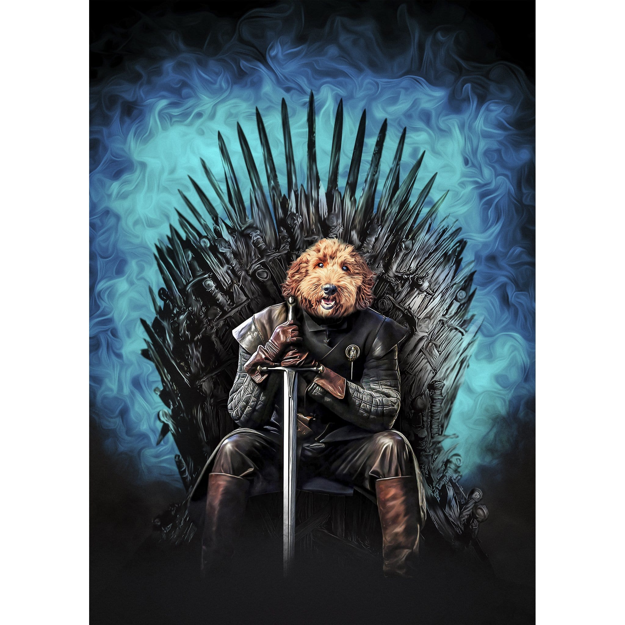 Custom Game of Bones style digital portrait featuring a dog on an iron throne with blue smoke.