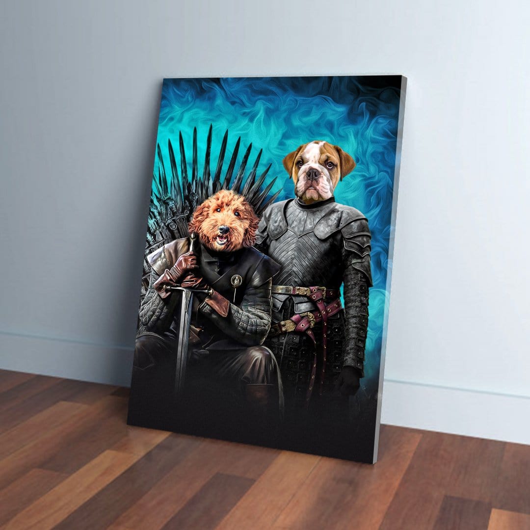 Personalized 'Game of Bones' canvas featuring two pets as medieval characters on a dark blue background.