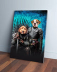 Personalized 'Game of Bones' canvas featuring two pets as medieval characters on a dark blue background.