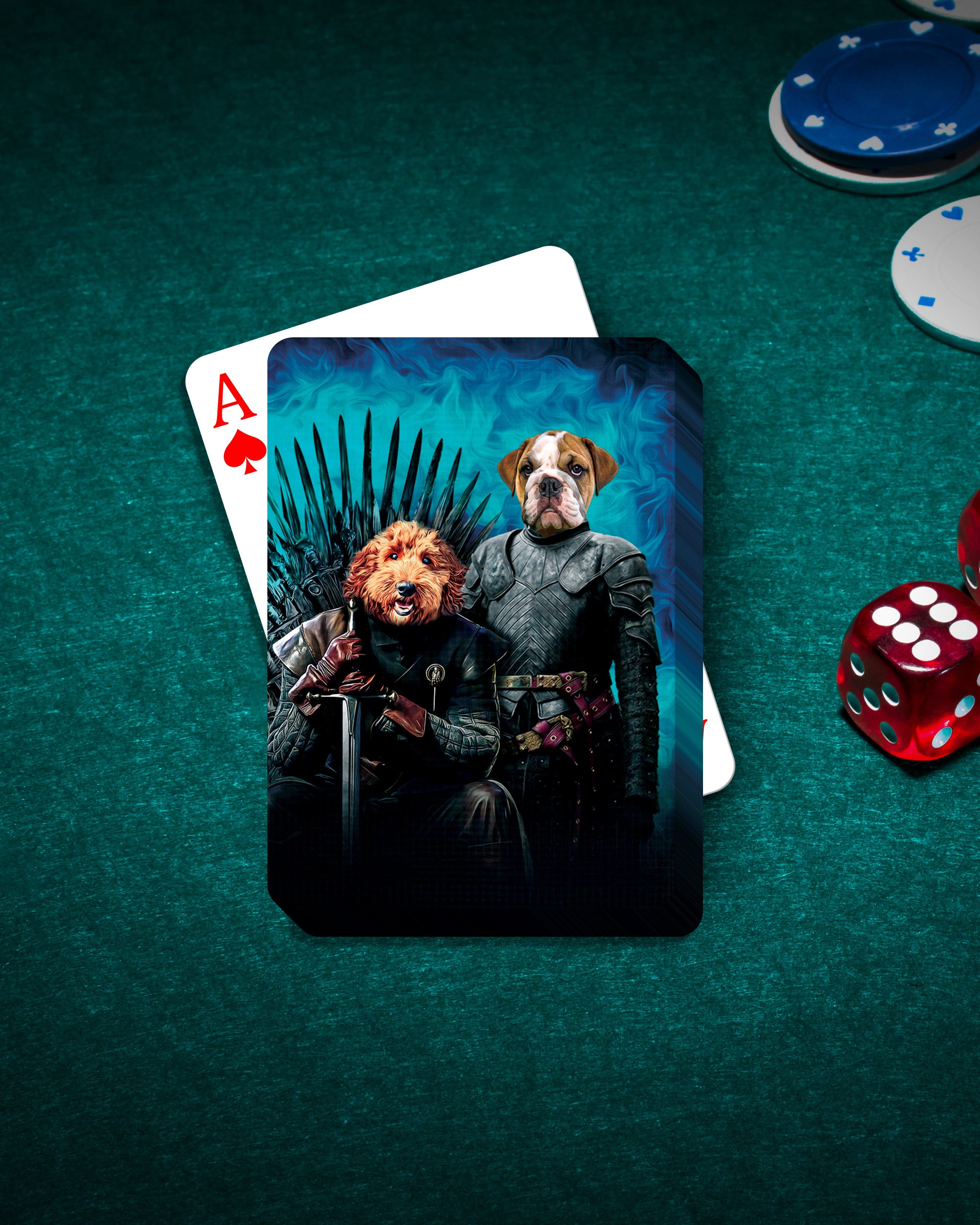 Custom Game of Bones personalized playing cards featuring two dogs in medieval royal portraits.