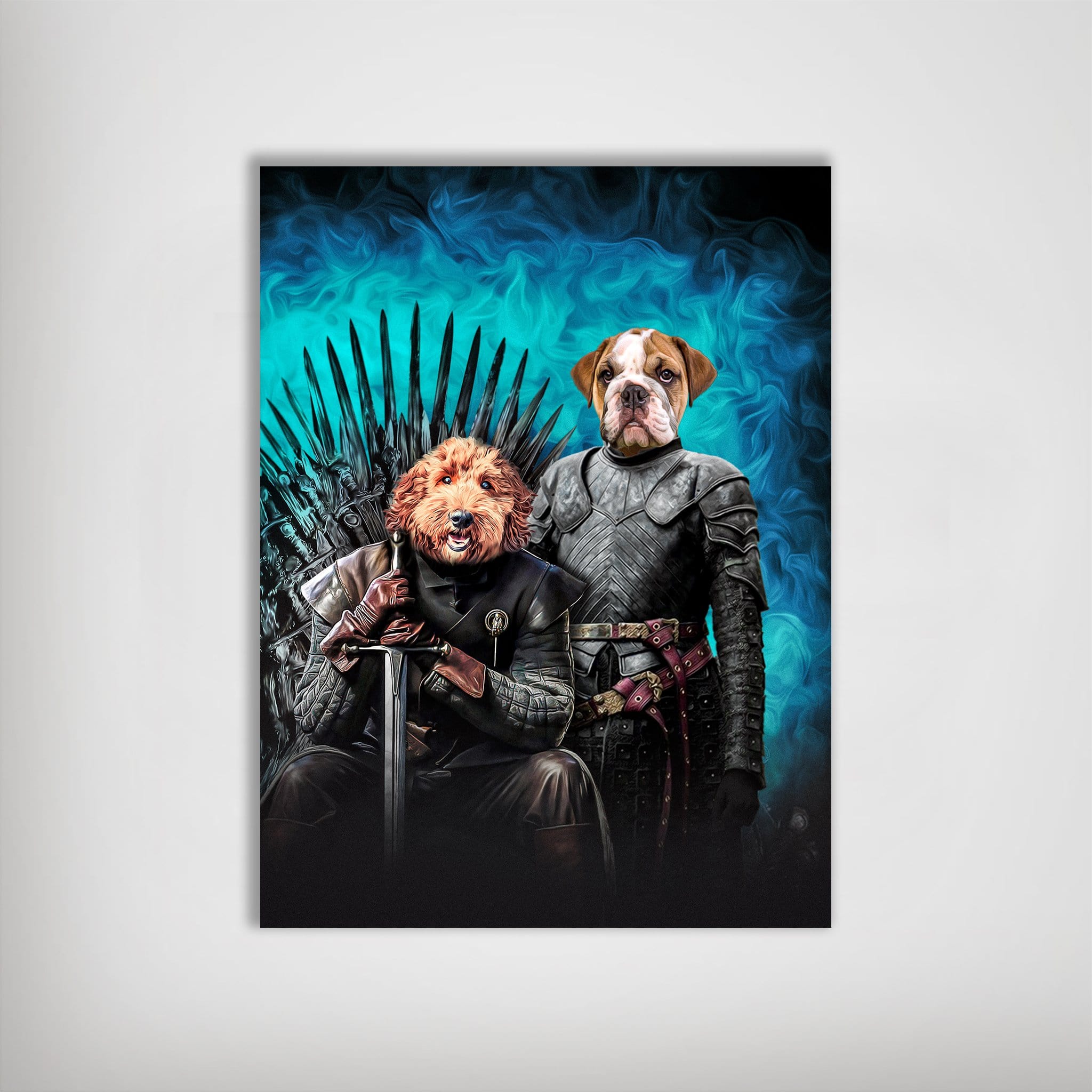 Personalized Game of Bones poster featuring two pets as medieval characters on a dark blue background.