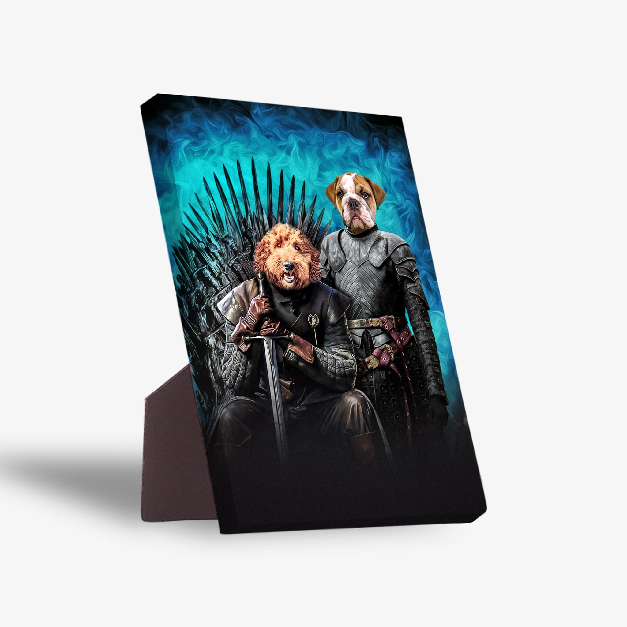 Personalized 'Game of Bones' standing canvas featuring two pets as medieval characters on a blue background.