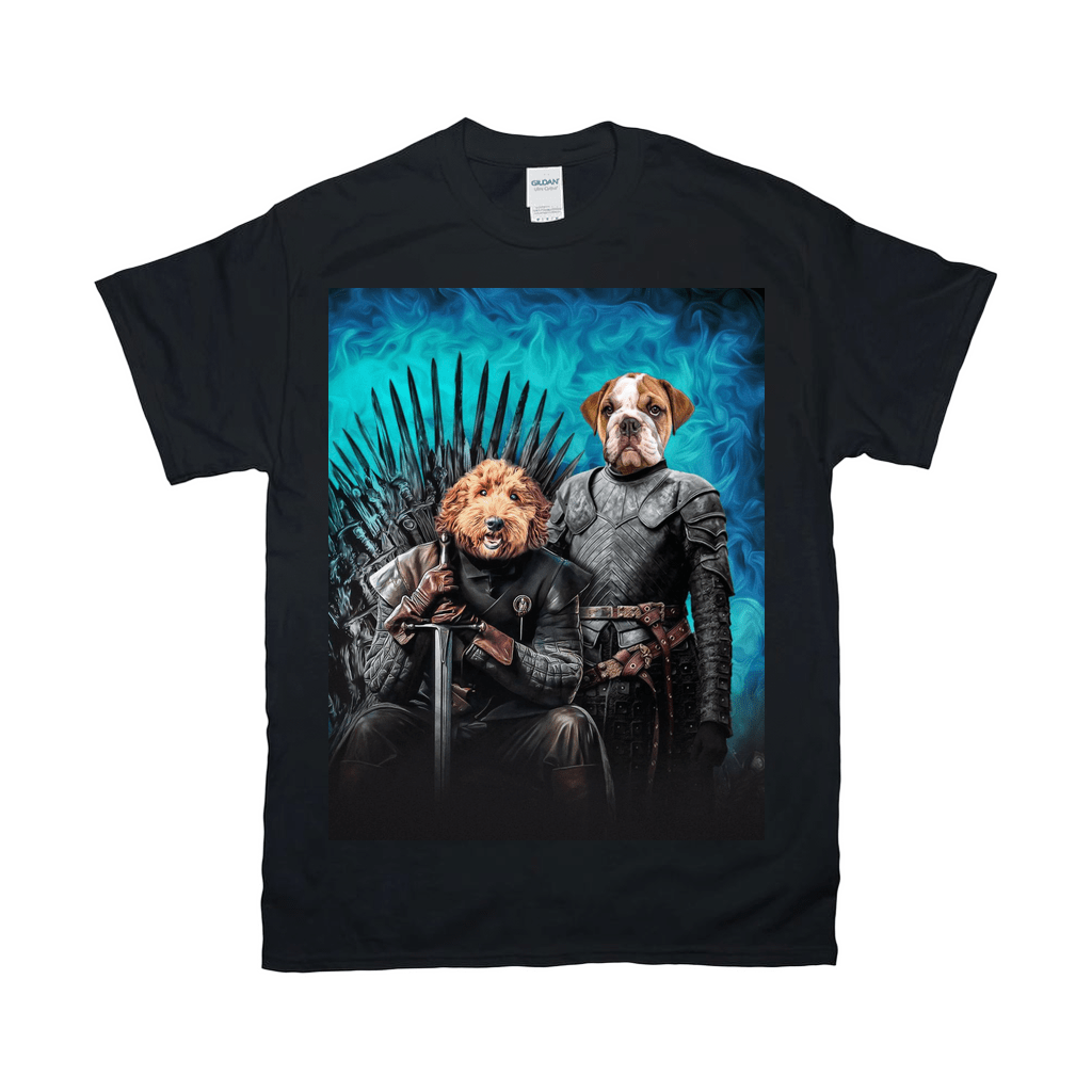 Black Gildan t-shirt featuring two pets in "Game of Bones" fantasy attire, one on a throne.